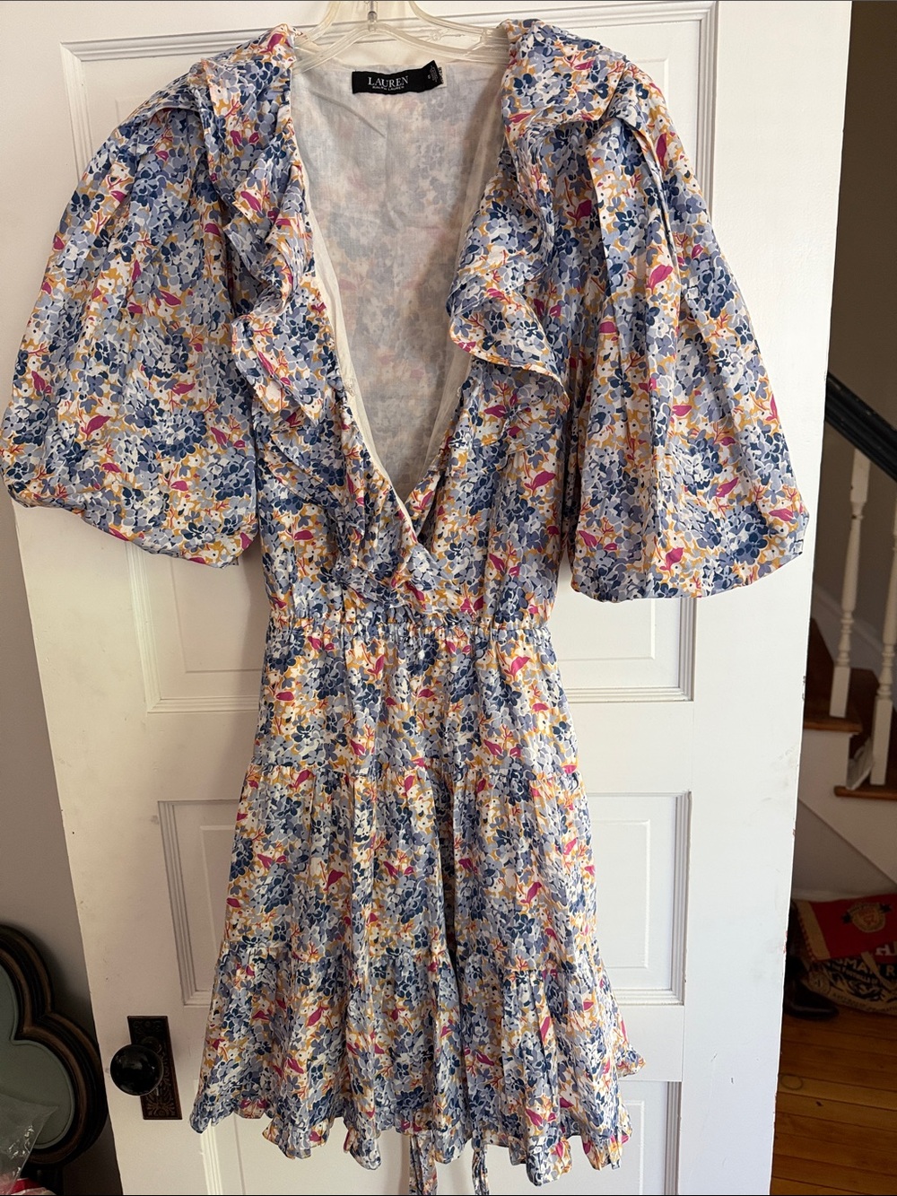 Ralph Lauren Blue and Pink Floral Puff-Sleeve V-Neck Dress